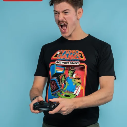 Video Games Rot Your Brains Tee Retro Zombie Arcade Gamer Humor Shirt