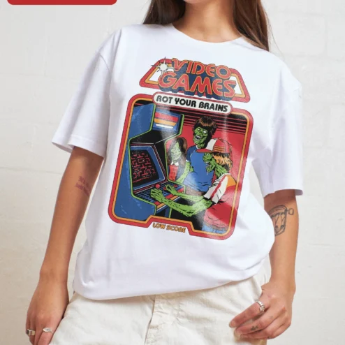 Customer in Chicago, Illinois wearing Video Games Rot Your Brains Tee Retro Zombie Arcade Gamer Humor Shirt