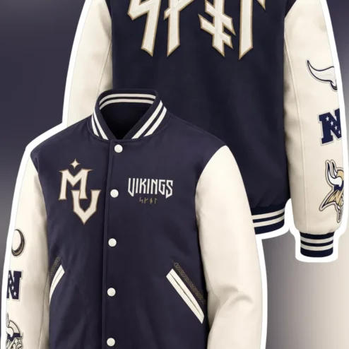 Vikings Varsity Letterman Jacket Navy Cream Collegiate Bomber