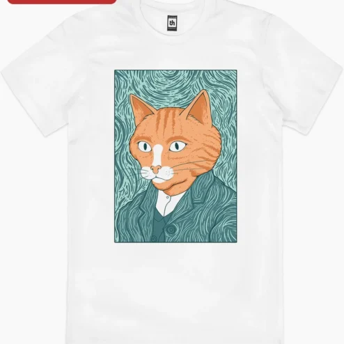 Vincent Van Gogh Cat Tee Art Parody Gift for Cat Lovers and Art Enthusiasts on a hanger, ready to ship from Chicago, Illinois