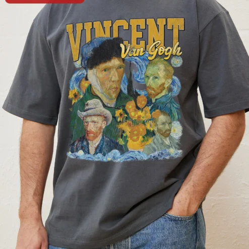 Vincent Van Gogh Starry Night Sunflowers Art Tee Vintage Post-Impressionist Gift on a hanger, ready to ship from Chicago, Illinois