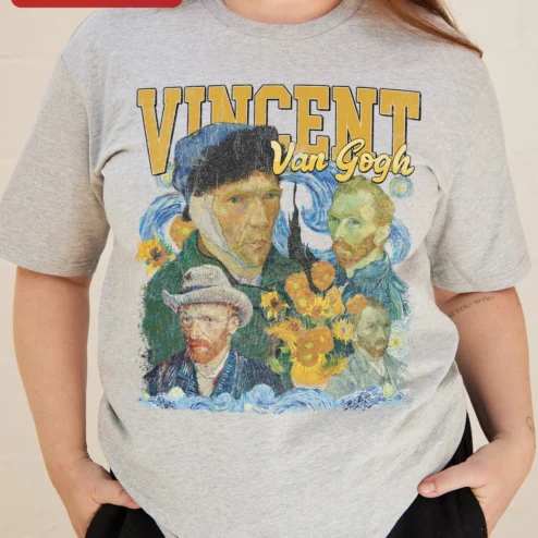 Customer in Chicago, Illinois wearing Vincent Van Gogh Starry Night Sunflowers Art Tee Vintage Post-Impressionist Gift
