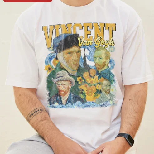 Close-up of Vincent Van Gogh Starry Night Sunflowers Art Tee Vintage Post-Impressionist Gift for streetwear fans in Chicago, Illinois