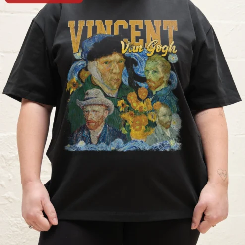 Vincent Van Gogh Tee Starry Night Sunflower Art Gift for Men Women on a hanger, ready to ship from Chicago, Illinois
