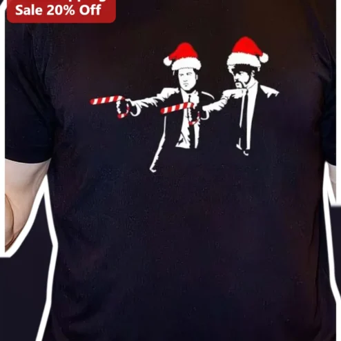 Vincent Vega Jules Winnfield Pulp Fiction Christmas Santa Candy Cane Gun Graphic Tee