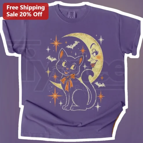 Vintage Black Cat Moon Astrology Tee Gothic Celestial Halloween Shirt for Women Men