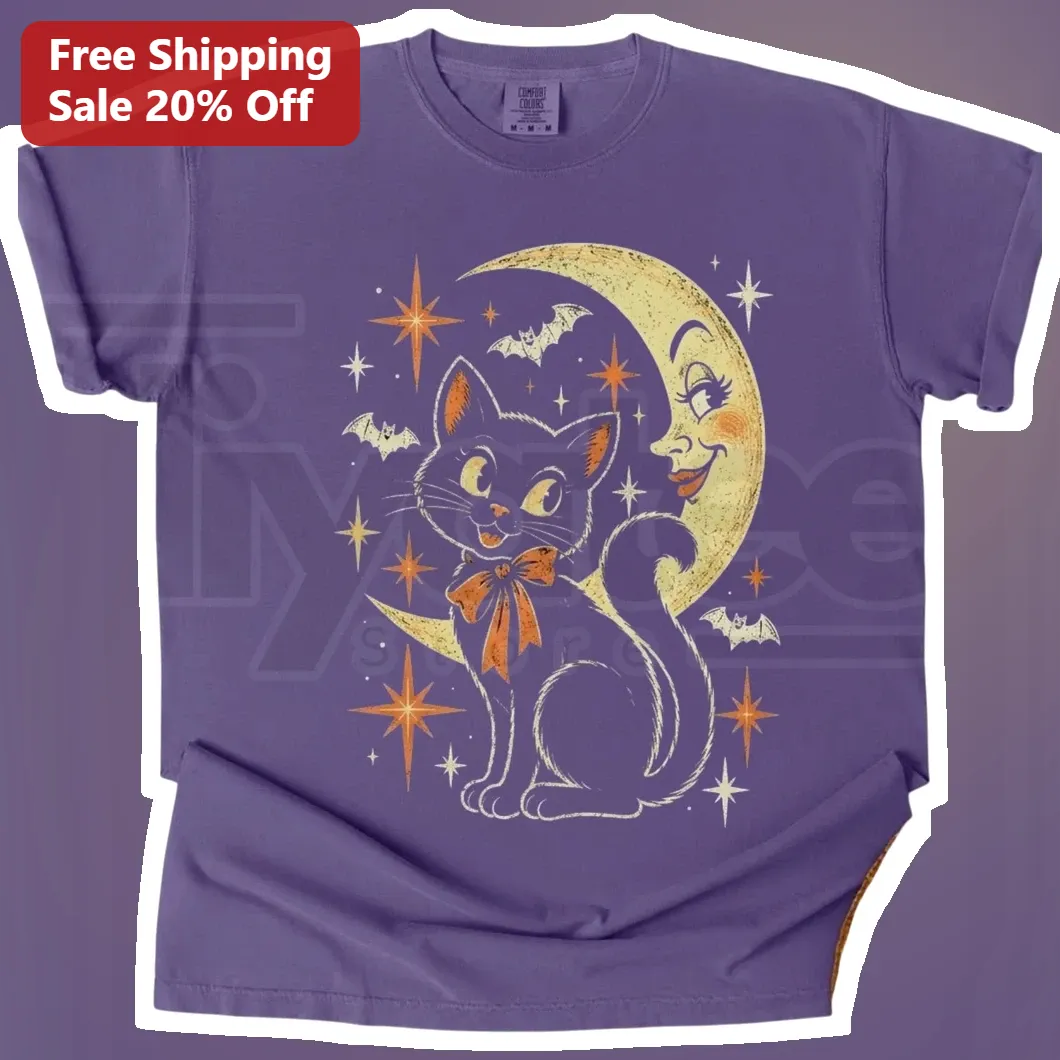 Vintage Black Cat Moon Astrology Tee Gothic Celestial Halloween Shirt for Women Men