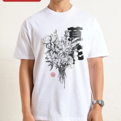 Vintage Botanical Flower Bouquet with Japanese Calligraphy Tee for Women on a hanger, ready to ship from Chicago, Illinois