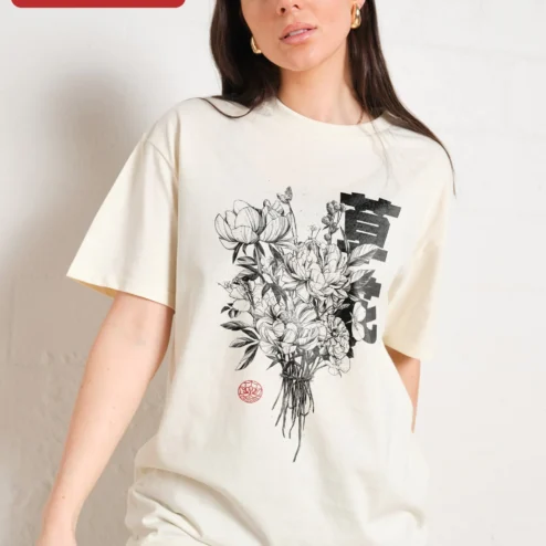 Vintage Botanical Flower Bouquet with Japanese Calligraphy Tee for Women