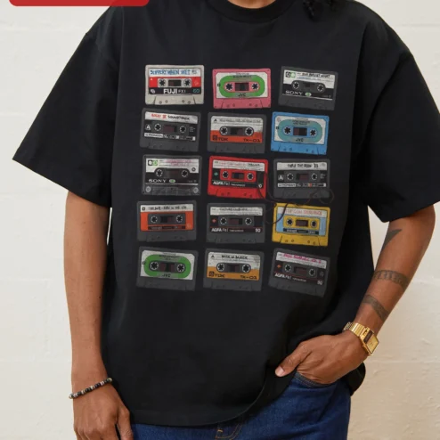 Vintage Cassette Tape Grid Pattern Tee Retro Mixtape Collection Graphic Shirt for Music Lovers
