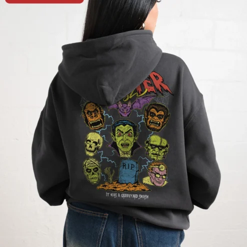 Vintage Horror Monster Mash Pullover Hoodie Vampire Werewolf Skull Graphic on a hanger, ready to ship from Chicago, Illinois