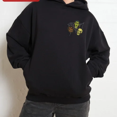 Customer in Chicago, Illinois wearing Vintage Horror Monster Mash Pullover Hoodie Vampire Werewolf Skull Graphic