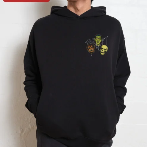 Customer in Chicago, Illinois wearing Vintage Horror Monster Mash Pullover Hoodie Vampire Werewolf Skull Graphic