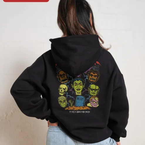 Close-up of Vintage Horror Monster Mash Pullover Hoodie Vampire Werewolf Skull Graphic for streetwear fans in Chicago, Illinois