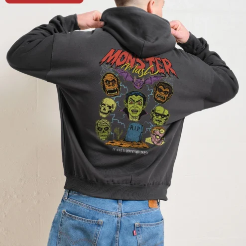 Customer in Chicago, Illinois wearing Vintage Horror Monster Mash Pullover Hoodie Vampire Werewolf Skull Graphic