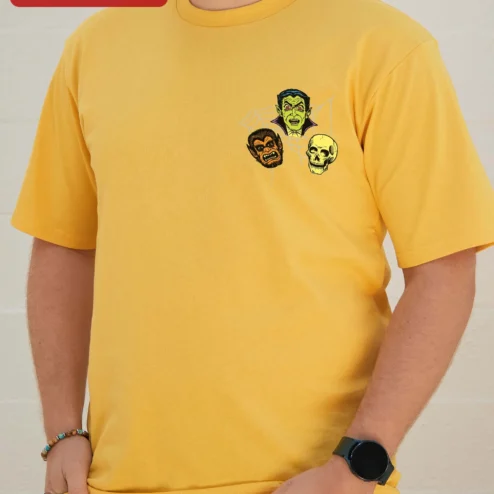 Close-up of Vintage Horror Monsters Chest Print Tee Retro Classic Vampire Skull Halloween Graphic Shirt for streetwear fans in Chicago, Illinois