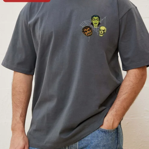 Vintage Horror Monsters Chest Print Tee Retro Classic Vampire Skull Halloween Graphic Shirt