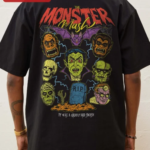 Customer in Chicago, Illinois wearing Vintage Horror Monsters Chest Print Tee Retro Classic Vampire Skull Halloween Graphic Shirt