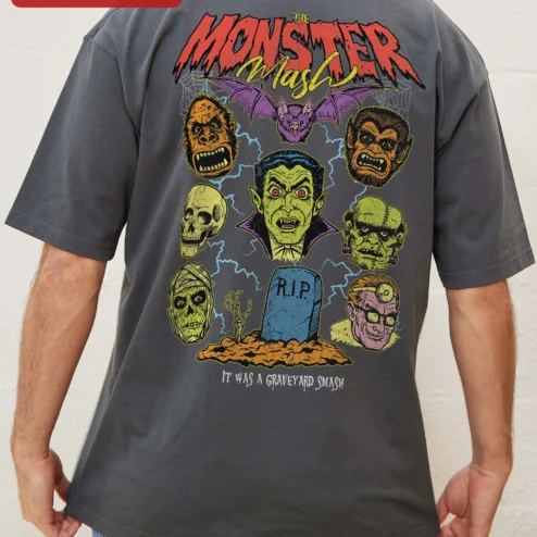 Close-up of Vintage Horror Monsters Chest Print Tee Retro Classic Vampire Skull Halloween Graphic Shirt for streetwear fans in Chicago, Illinois