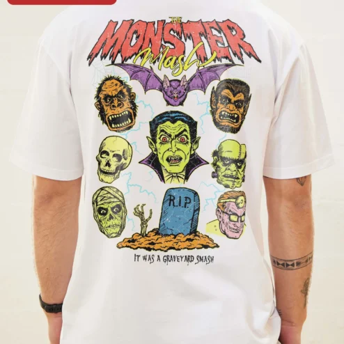 Customer in Chicago, Illinois wearing Vintage Horror Monsters Chest Print Tee Retro Classic Vampire Skull Halloween Graphic Shirt