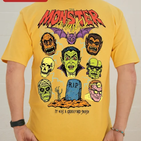 Close-up of Vintage Horror Monsters Chest Print Tee Retro Classic Vampire Skull Halloween Graphic Shirt for streetwear fans in Chicago, Illinois