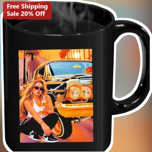 Vintage Lowrider Girl Mug Retro Car Enthusiast Coffee Cup Gift for Him Her