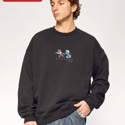 Close-up of Vintage Since 1928 The Smurfs Sweatshirt Retro Pop Culture Crewneck Gift for streetwear fans in Chicago, Illinois