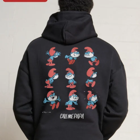 Close-up of Vintage Since 1958 The Smurfs Hoodie Retro Cartoon Birthday Gift for streetwear fans in Chicago, Illinois
