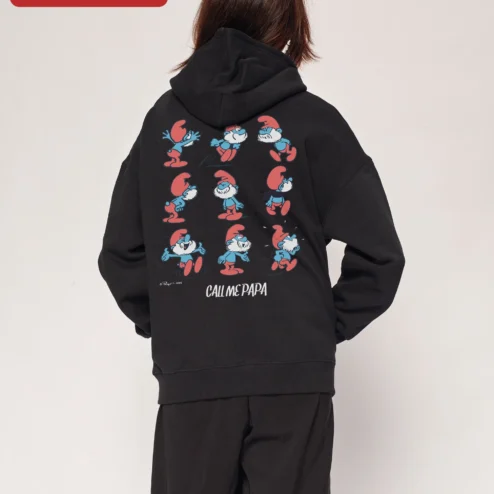 Close-up of Vintage Since 1958 The Smurfs Hoodie Retro Cartoon Birthday Gift for streetwear fans in Chicago, Illinois