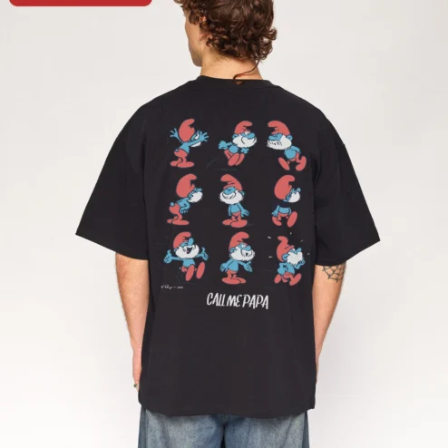 Close-up of Vintage Since 1958 The Smurfs Retro Cartoon Graphic Tee Unisex 68th Birthday Gift for streetwear fans in Chicago, Illinois