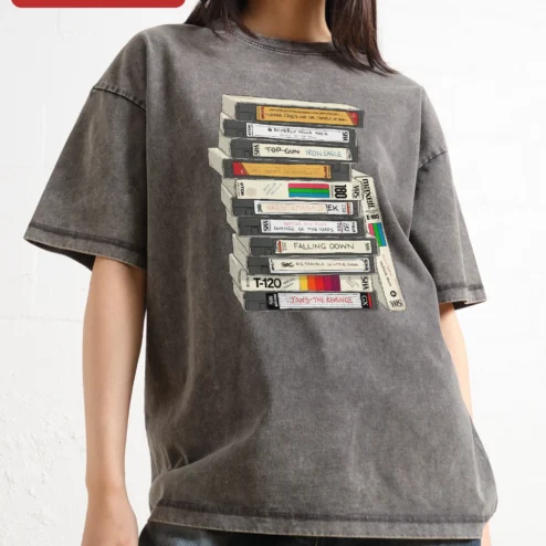 Vintage VHS Tapes Stack Graphic Tee Retro 80s Nostalgia Movie Buff Gift on a hanger, ready to ship from Chicago, Illinois