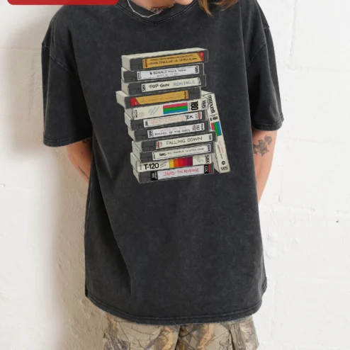 Vintage VHS Tapes Stack Graphic Tee Retro 80s Nostalgia Movie Buff Gift