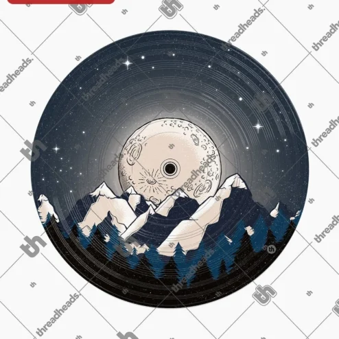 Vinyl Record Moon Mountain Galaxy Design Tee Retro Space Music Shirt for Audiophiles on a hanger, ready to ship from Chicago, Illinois