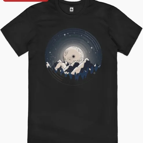 Customer in Chicago, Illinois wearing Vinyl Record Moon Mountain Galaxy Design Tee Retro Space Music Shirt for Audiophiles