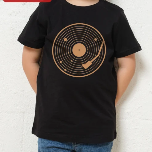 Vinyl Record Music Graphic Tee Kids Black Gold Turntable Design