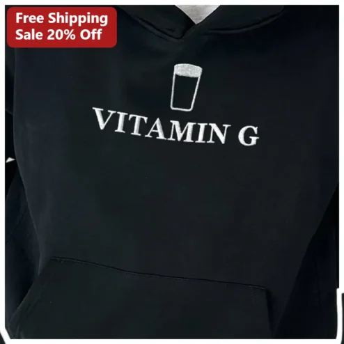 Vitamin G Hoodie Funny Beer Lover Gift Embroidered Pint Glass Graphic Sweatshirt for Men Women