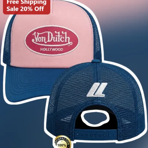 Von Dutch Hollywood Trucker Hat Retro Streetwear Pink Foam Navy Mesh Embroidered Logo Cap