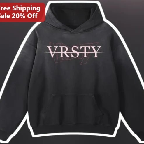VRSTY Hoodie Black Acid Wash Vintage Typography Streetwear Pullover