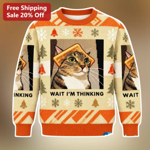 Wait I'm Thinking Funny Cat Christmas Sweater Ugly Holiday Knitwear Gift for Women Men