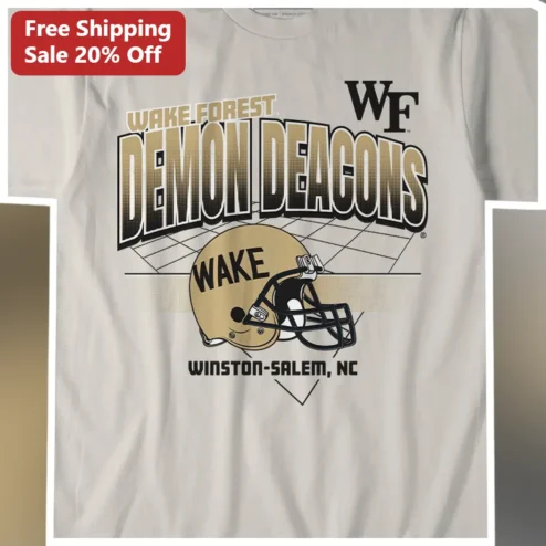 Wake Forest Demon Deacons Winston-Salem NC Vintage Football Helmet Graphic Tee available at our Chicago, Illinois warehouse