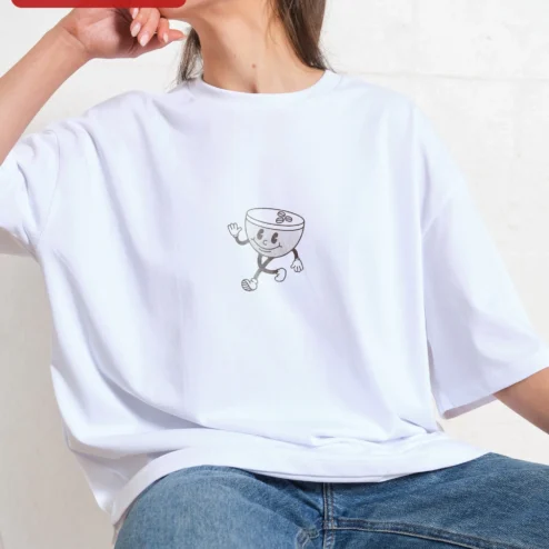 Walking Bowl Character Tee Cute Minimalist Line Art Foodie Gift on a hanger, ready to ship from Chicago, Illinois