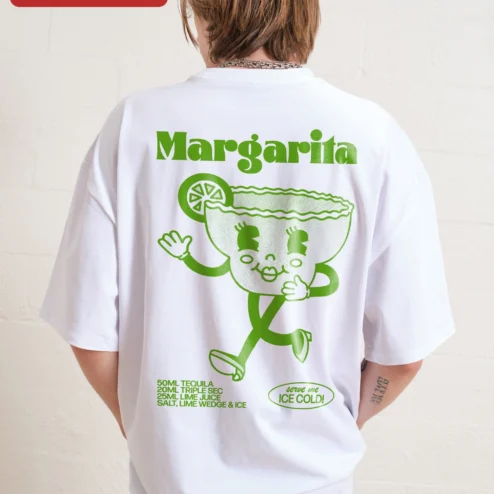 Close-up of Walking Margarita Glass Graphic Tee Funny Cocktail Lover Gift Summer Bachelorette Party Shirt for streetwear fans in Chicago, Illinois
