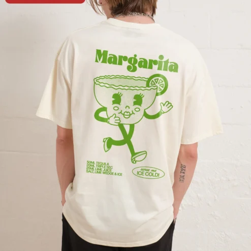 Customer in Chicago, Illinois wearing Walking Margarita Glass Graphic Tee Funny Cocktail Shirt for Women Men Summer Party Gift