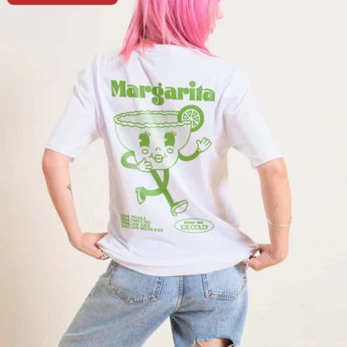Close-up of Walking Margarita Glass Graphic Tee Funny Cocktail Shirt for Women Men Summer Party Gift for streetwear fans in Chicago, Illinois
