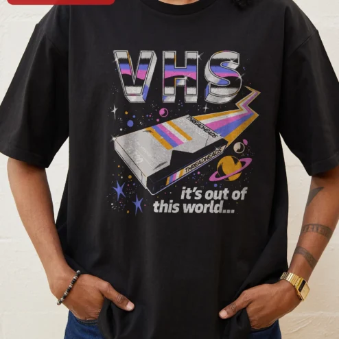 Walkman VHS Out of This World Retro 80s Synthwave Graphic Tee on a hanger, ready to ship from Chicago, Illinois