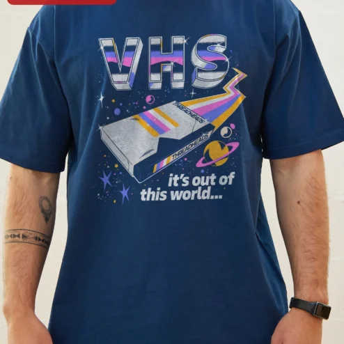 Customer in Chicago, Illinois wearing Walkman VHS Out of This World Retro 80s Synthwave Graphic Tee