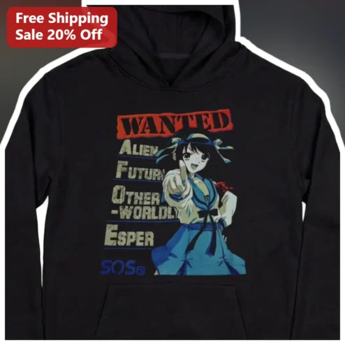 Wanted Alien Future Other-Worldly Esper SOS Hoodie Haruhi Suzumiya Anime Graphic Pullover available at our Chicago, Illinois warehouse