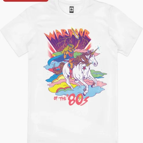 Close-up of Warrior of the '80s She-Ra Graphic Tee Retro 1980s Cartoon Nostalgia Shirt for streetwear fans in Chicago, Illinois