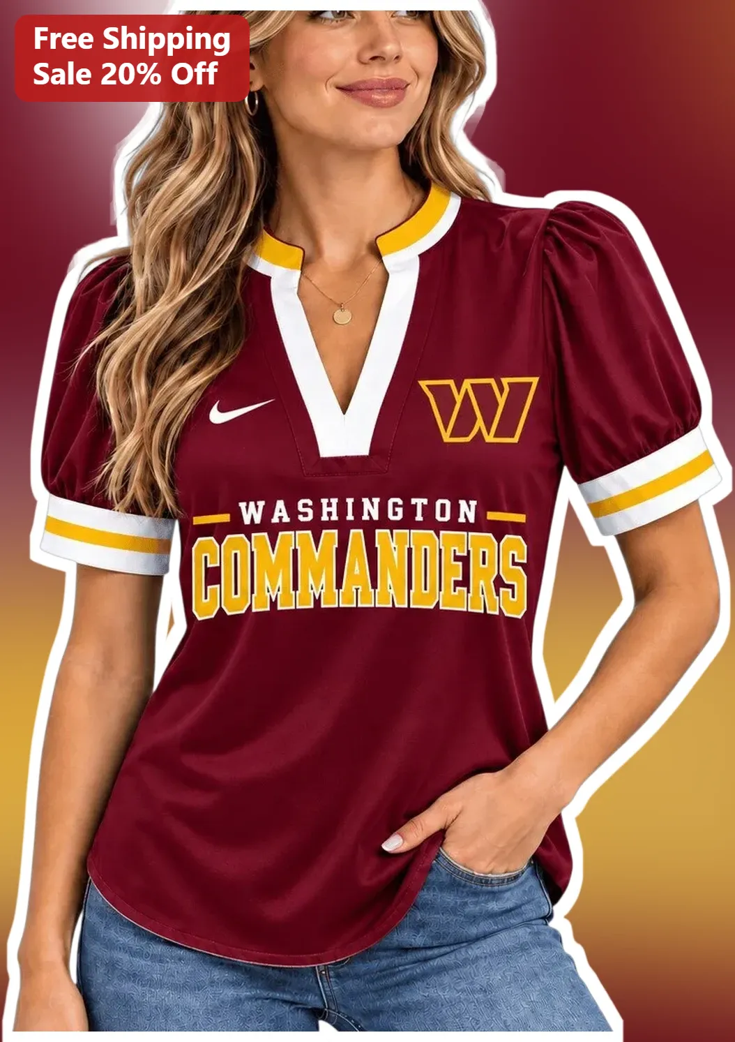 Washington Commanders Tee Women's Puff Sleeve Jersey Style NFL Fan Shirt