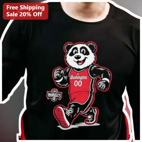 Washington Mystics Tee Black Basketball Panda Mascot Graphic Shirt for WNBA Fans